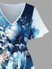 Plus Size Flower Leaf Painting Splatter Print Split Hawaii Midi Dress -  