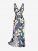Flowers Leaf Print Hawaii Ruffles Split Surplice Dress -  