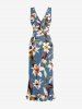 Flowers Leaf Print Hawaii Ruffles Split Surplice Dress -  