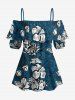 Flowers Leaf Print Cold Shoulder Ruffles Cover Hawaii Blouse - Paon Bleu 5XL