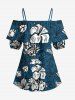 Flowers Leaf Print Cold Shoulder Ruffles Cover Hawaii Blouse - Paon Bleu 5XL