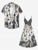 Hibiscus Flowers Leaf Print Surplice Hawaii Cami Dress - Gris 1X
