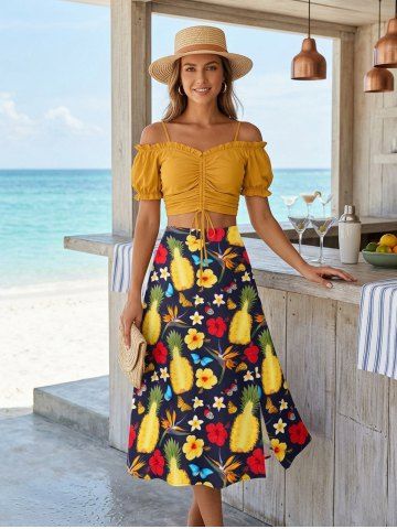 Solid Cinched Top and Pineapple Hibiscus Flower Butterfly Print Hawaii Split A Line Skirt Plus Size Matching Set - YELLOW