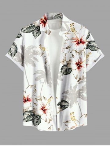 Men's Plus Size Coconut Tree Hibiscus Flower Leaf Print Hawaii Button Pocket Shirt - CRYSTAL CREAM - XL