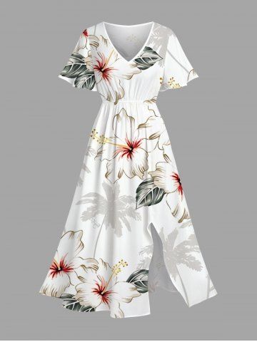 Plus Size Coconut Tree Flower Leaf Print Hawaii Split Pocket A Line Midi Dress - WHITE - 3X