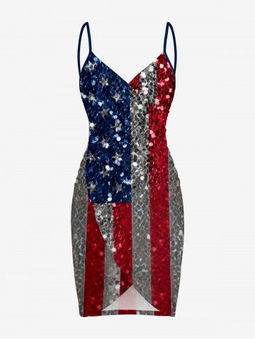 Plus Size Glitter Sequins Patriotic American Flag Print Convertible Beach Cover Up - RED - 5X