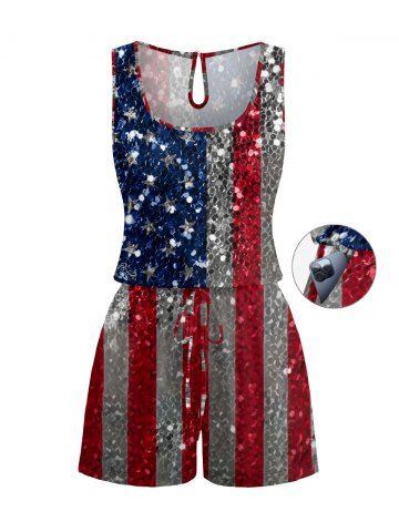 Plus Size Glitter Sequins Patriotic American Flag Print Drawstring Pocket Romper - RED - 6X
