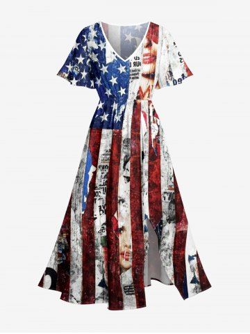 Plus Size Patriotic American Flag Newspaper Print Split Pocket A Line Midi Dress - BLUE - M