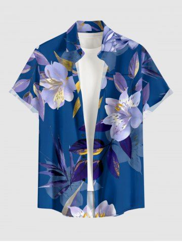 Plus Size Flowers Leaf Print Buttons Pocket Hawaii Shirt For Men - BLUE - M