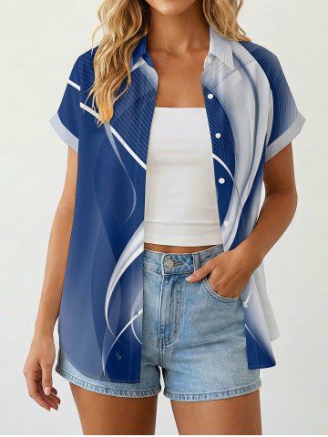 Women's Ombre Curve Print Hawaii Button Shirt - DEEP BLUE - 2XL