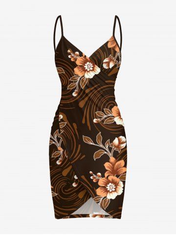 Plus Size Flower Leaf Spiral Curve Print Hawaii Convertible Beach Cover Up - BROWN - L