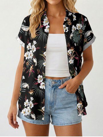 Women's Tropical Leaf Flower Print Hawaii Button Shirt - BLACK - L