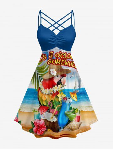 Plus Size Tropical Leaf Flower Parrot Flamingo Sea Print Hawaii Ruched Crisscross A Line Dress - BLUE - 6X