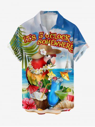 Plus Size Tropical Leaf Flower Parrot Flamingo Sea Print Hawaii Button Pocket Shirt For Men - BLUE - L