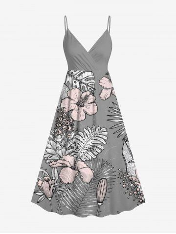 Plus Size Hibiscus Flower Tropical Leaf Print Surplice Hawaii Cami Dress - GRAY - M