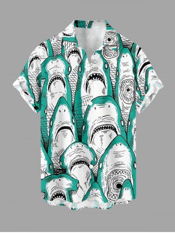Plus Size Shark Print Hawaii Button Pocket Shirt For Men - EMERALD - 6XL
