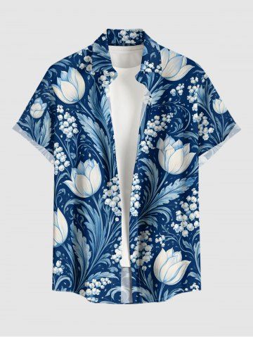 Plus Size Flower Leaf Branch Print Hawaii Button Pocket Shirt For Men - BLUE - 3XL