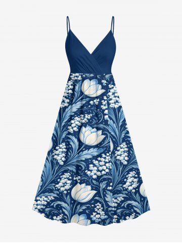 Plus Size Flower Leaf Branch Print Hawaii Surplice A Line Cami Dress - BLUE - 6X
