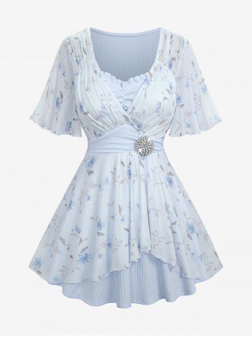 Plus Size Rose Flower Print Mesh Tulip Hem Buckle Ruffles Ruched Surplie Ribbed Textured 2 In 1 Top - LIGHT BLUE - 5X