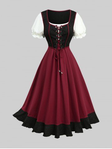Plus Size Grommets Lace Up Ruffles Puff Sleeves Dress - DEEP RED - 4X | US 26-28