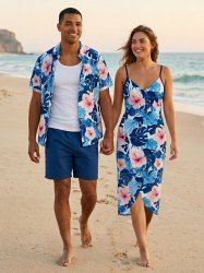 Tropical Leaf Hibiscus Flower Print Matching Hawaii Beach Outfit For Couples - Bleu 