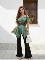 Butterfly Print T-shirt and Lace Up Pocket Ruffles Flare Pants Plus Size Outfit -  