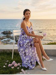 Flower Print Ruffles Split A Line Cami Dress with Removable Belt -  