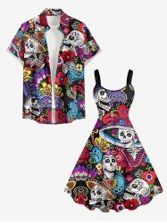 Ethnic Skulls Flower Print Plus Size Matching Hawaii Beach Outfit For Couples - Noir 