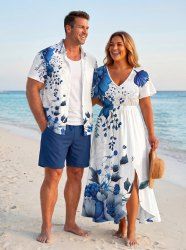 Flower Leaf Print Matching Hawaii Beach Outfit For Couples - Bleu 