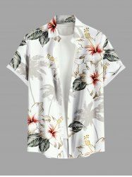 Men's Plus Size Coconut Tree Hibiscus Flower Leaf Print Hawaii Button Pocket Shirt -  