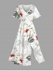 Plus Size Coconut Tree Flower Leaf Print Hawaii Split Pocket A Line Midi Dress -  
