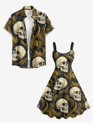 Skulls Floral Pattern Print Matching Hawaii Beach Outfit For Couples -  