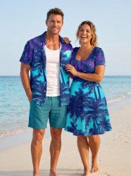 Coconut Tree Galaxy Cloud Moon Print Matching Hawaii Beach Outfit For Couples -  