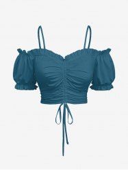 Cinched Ruched Ruffles Cold Shoulder Cami Top -  