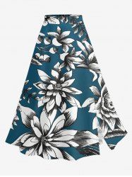 Flowers Leaf Print Split Hawaii Skirt - Paon Bleu 2X