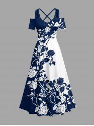 Plus Size Rose Flower Colorblock Print Cold Shoulder Crisscross Hawaii Maxi Dress - Bleu profond 5X