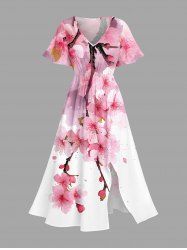 Flower Branch Print Split Hawaii Midi Dress -  