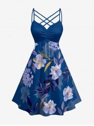 Flowers Leaf Print Ruched Lattice Crisscross Straps Hawaii Dress - Bleu XS