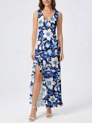 Flowers Leaf Print Hawaii Ruffles Split Surplice Dress - Bleu profond XS