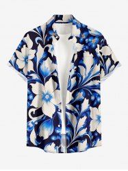 Flowers Leaf Print Buttons Pocket Hawaii Shirt For Men - Bleu profond M