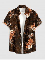 Flower Leaf Spiral Curve Print Hawaii Button Pocket Shirt For Men - Brun XL