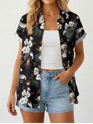 Women's Tropical Leaf Flower Print Hawaii Button Shirt - Noir L