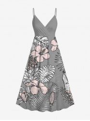 Plus Size Hibiscus Flower Tropical Leaf Print Surplice Hawaii Cami Dress - Gris 6X