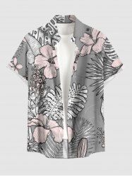 Hibiscus Flower Tropical Leaf Print Buttons Pocket Hawaii Shirt For Men -  