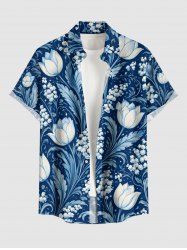 Flower Leaf Branch Print Hawaii Button Pocket Shirt For Men -  