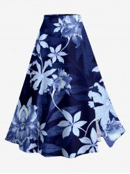 Flower Leaf Branch Print Hawaii Split A Line Skirt - Bleu profond 6X