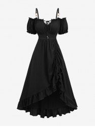 Plus Size Cinched Ruched Ruffles Cold Shoulder Puff Sleeve Textured A Line Vintage Dress -  