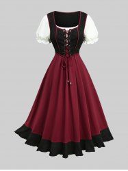 Plus Size Grommets Lace Up Ruffles Puff Sleeves Dress -  