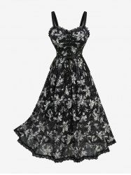Plus Size Flower Print Flocking Lace Up A Line Dress - Noir 4X | US 26-28