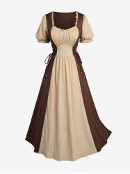 Plus Size Two Tone Patchwork Textured Ruched Lace Up A Line Dress -  